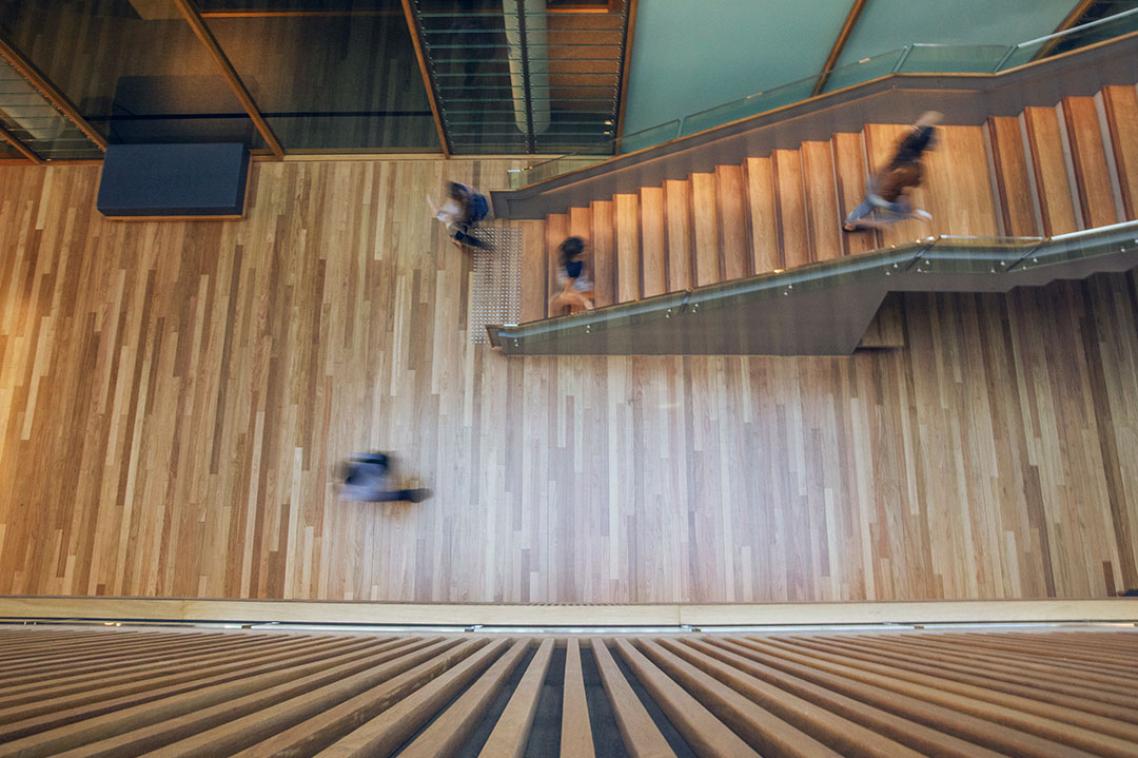Aerial view of students walking through the Advanced Engineering Building on St Lucia campus.